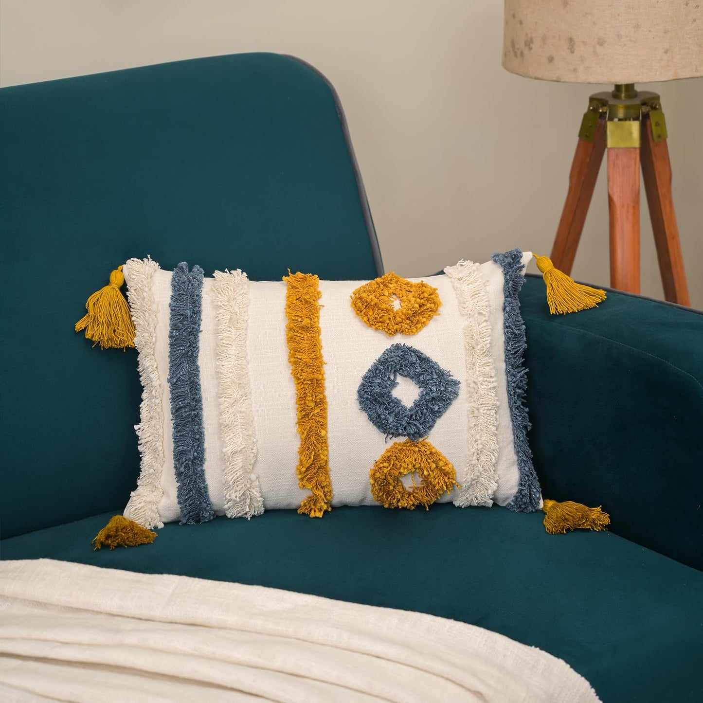 Tufted Cushion Cover – Hand-Embroidered Cotton with Tassels – 12 x 20 Inch