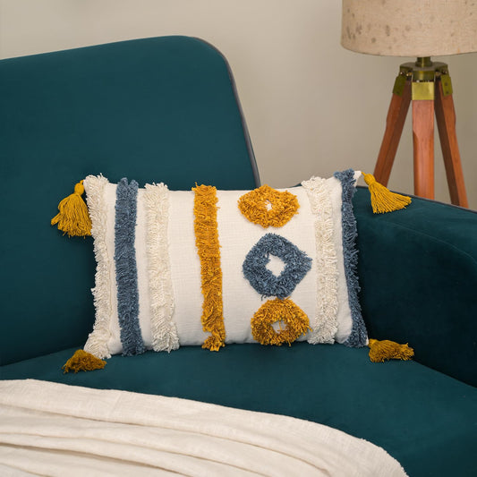 Tufted Cushion Cover – Hand-Embroidered Cotton with Tassels – 12 x 20 Inch