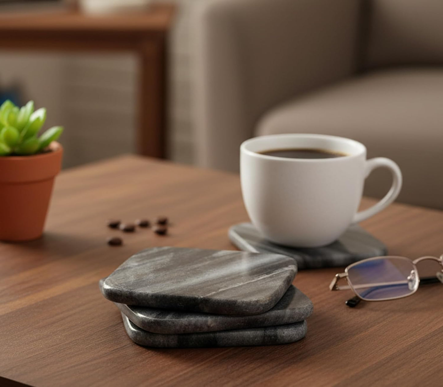 Natural Stone Coasters Set (4) - Handmade, Water Absorbent Table Drink Coasters for Home Decor, Bar & Office