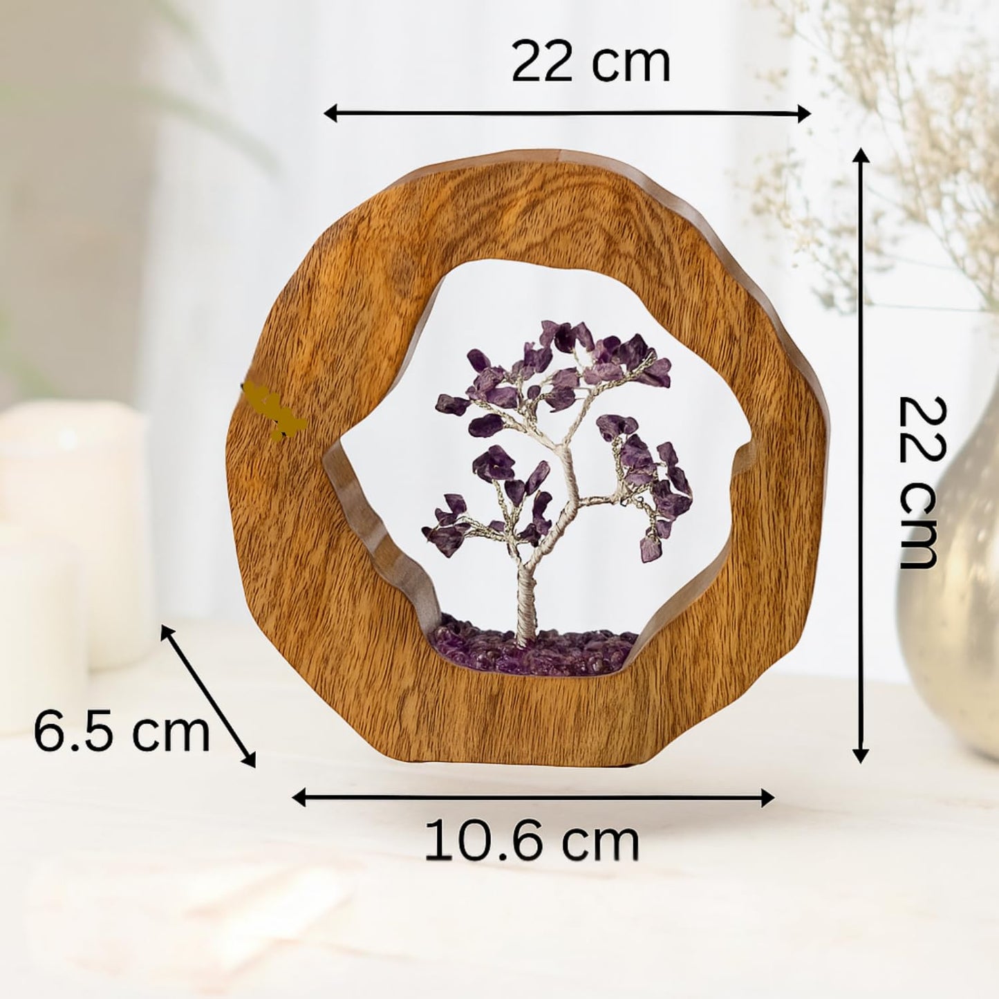 Spiritual Amethyst Crystal Tree in Wooden Ring for Chakra Healing & Feng Shui | Gemstone Bonsai Showpiece 17cm
