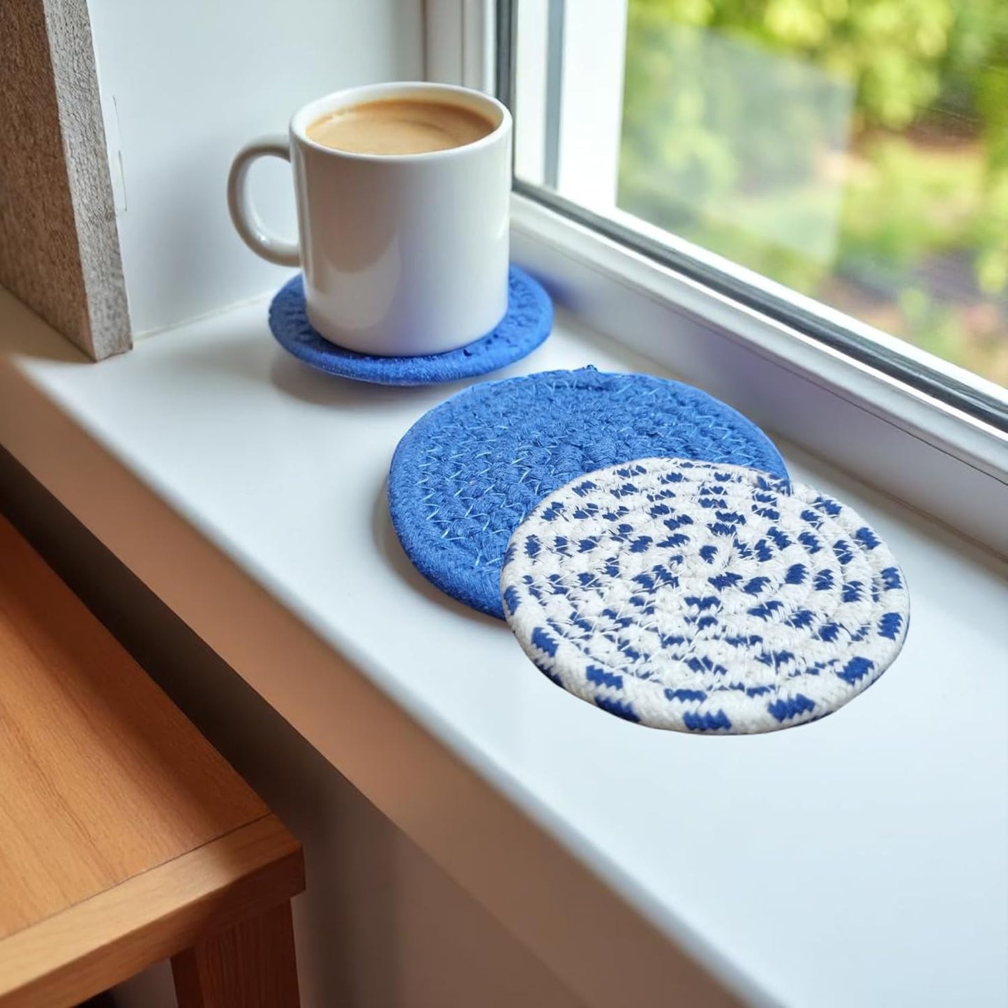 Teal Blue Cotton Round Absorbent Drink Coasters (Set of 6, 10cm) | Table Mats for Hot & Cold Drinks, Kitchen, Dining