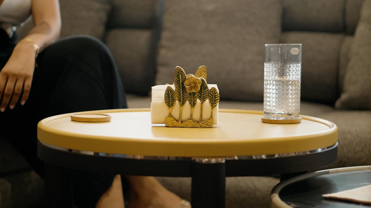 Metal Napkin Holder – Tabletop Tissue Dispenser – Gold Aluminium, Green Leaf Design