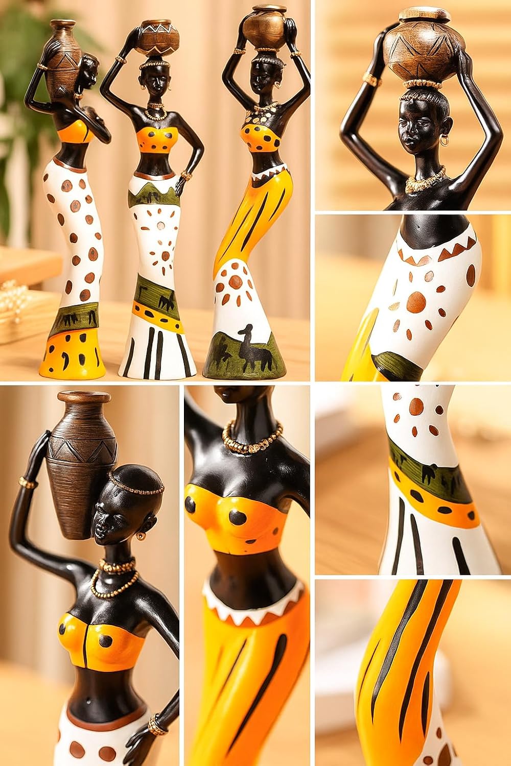 African Tribal Hand Crafted Resin Women Figurines Set of 3 Multicolour | Home Decor Art Piece Handicraft Gift