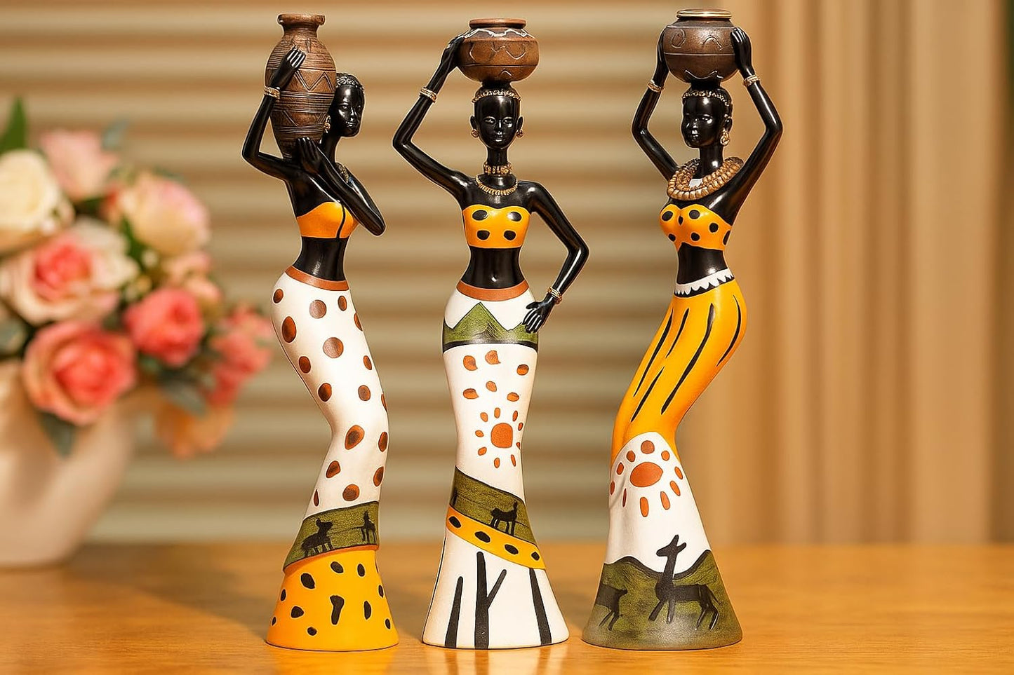 African Tribal Hand Crafted Resin Women Figurines Set of 3 Multicolour | Home Decor Art Piece Handicraft Gift