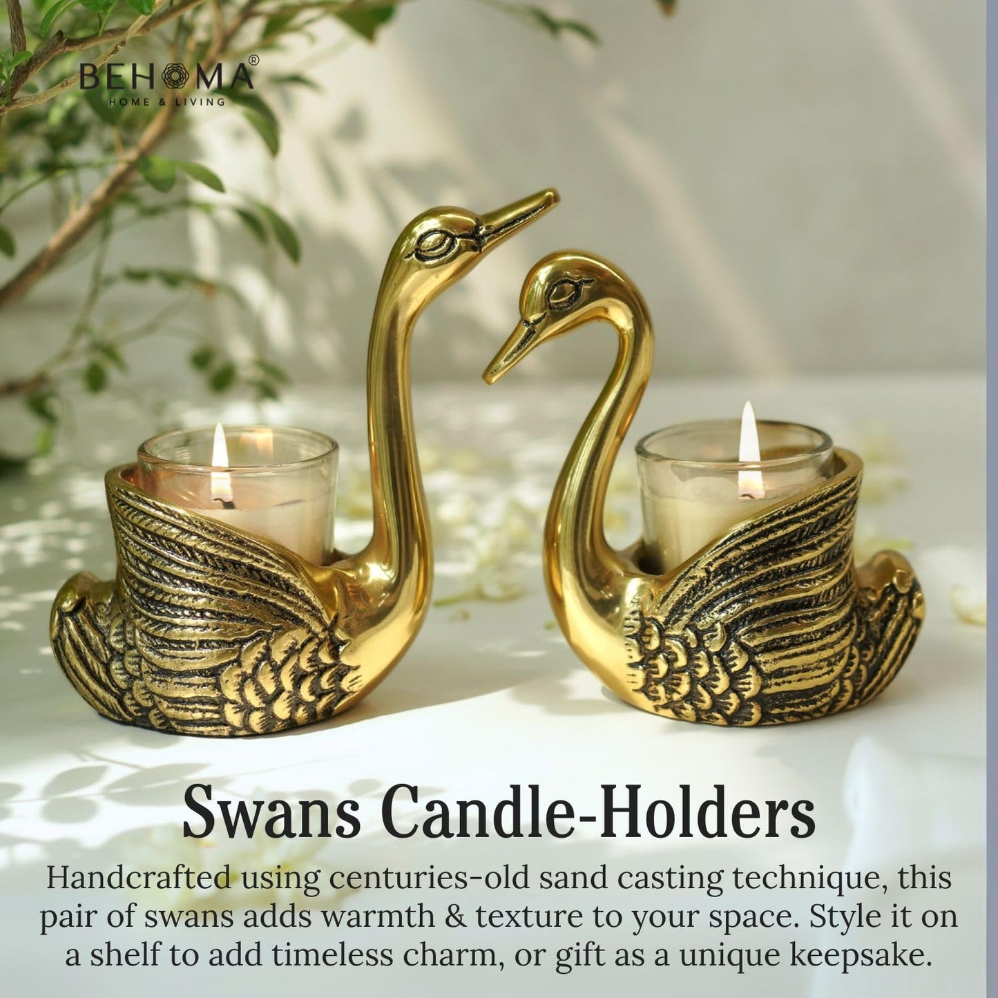 Gold Aluminium Good Luck Love Pair of Swans Showpiece | Candle Holder Home Decor Wedding Gift for Couples