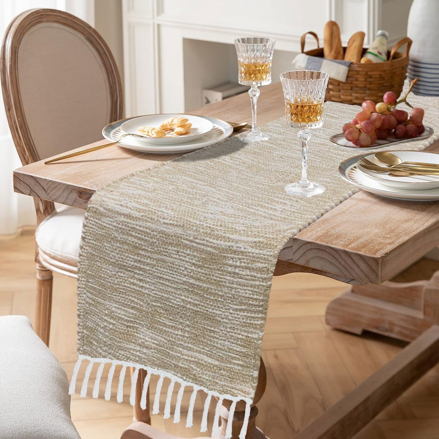 Elegant Woven Beige White Table Runner with Tassels 13x74 Inch | Cotton Jute Blend Dining Home Decor