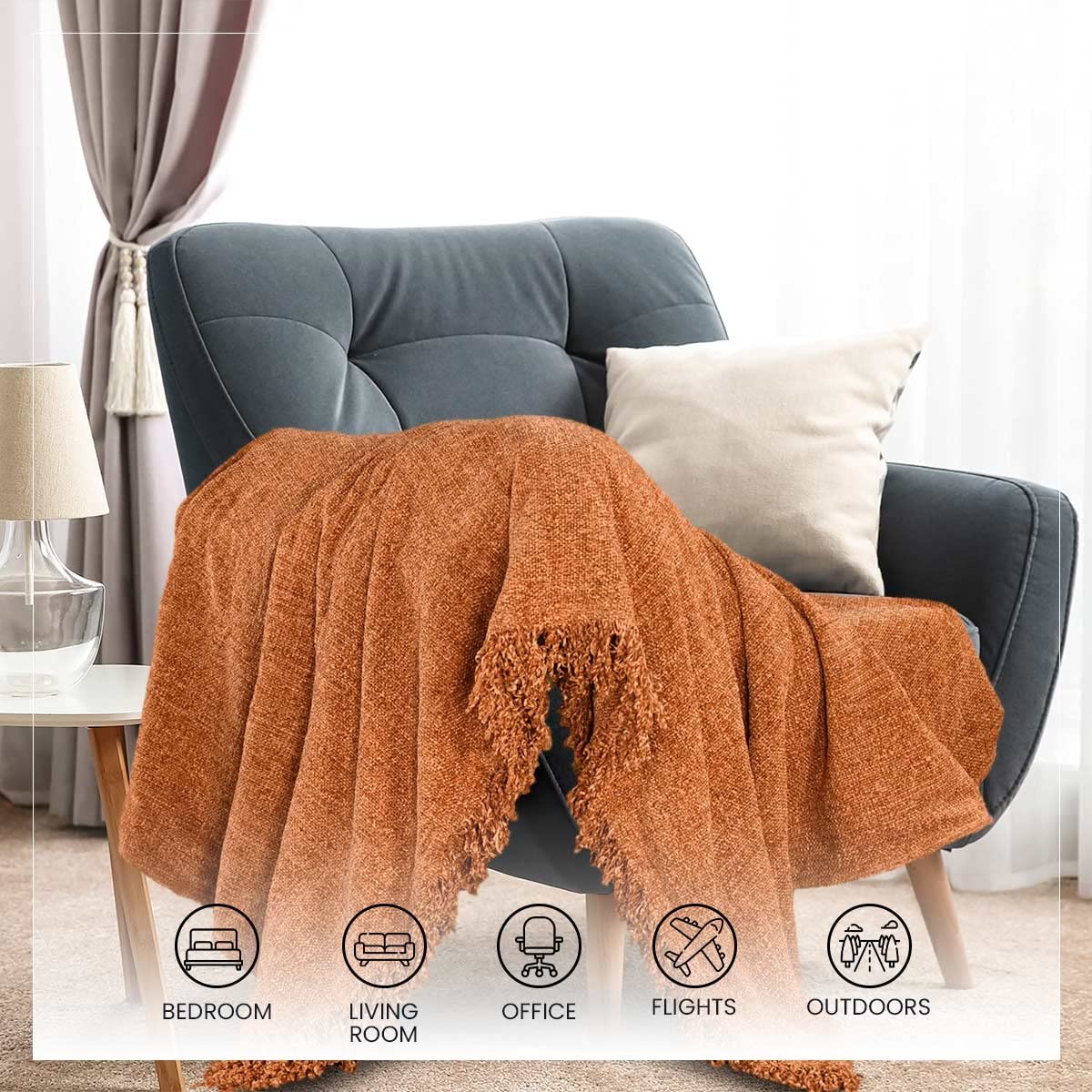 Rust Chenille-Style Throw Blanket – Polyester Waffle-Weave – Durable, 130x180 cm – Pack 1