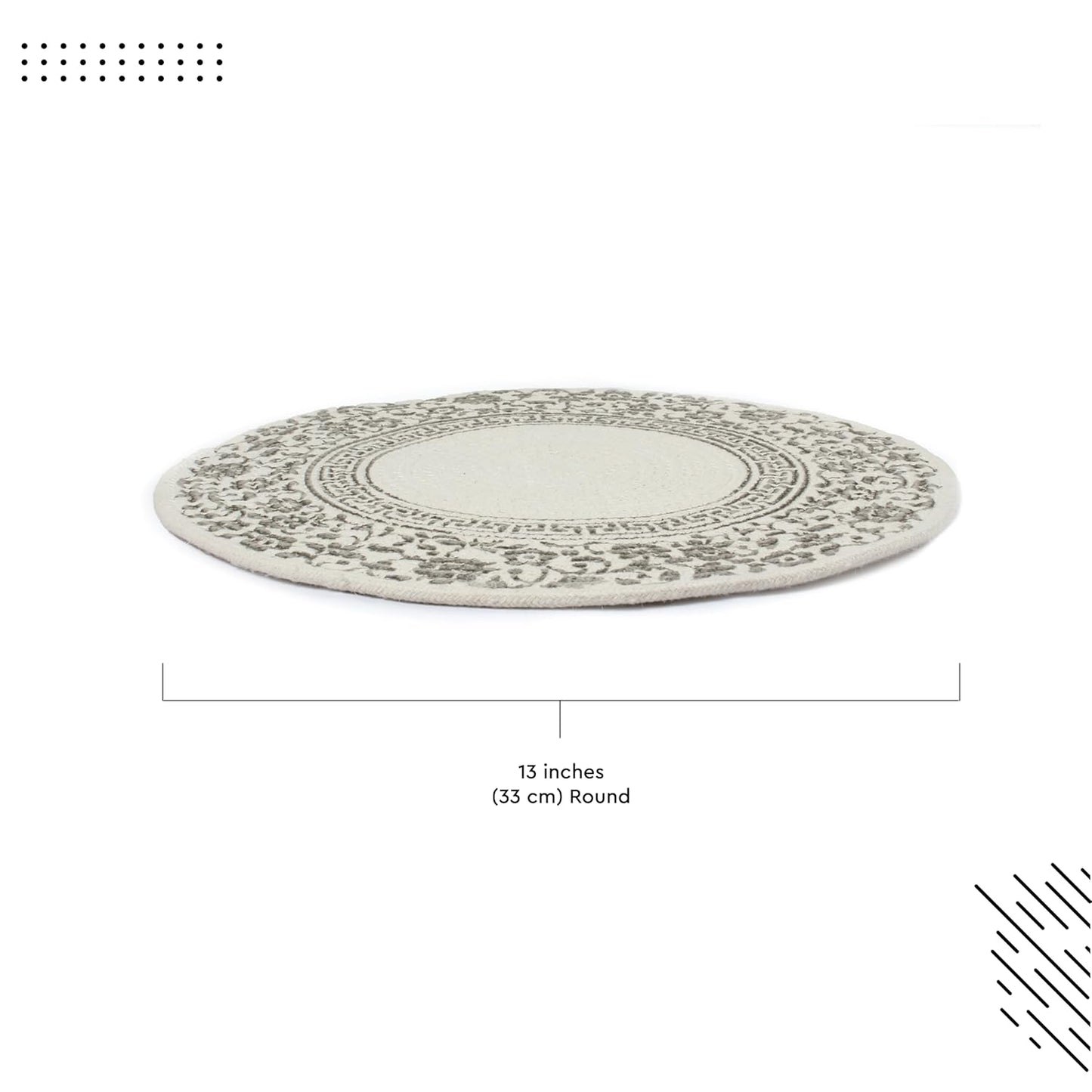 Handmade Ribbed Printed Grey Round Table Mats Set of 4 | Heat-Resistant, Washable Placemats for Dining