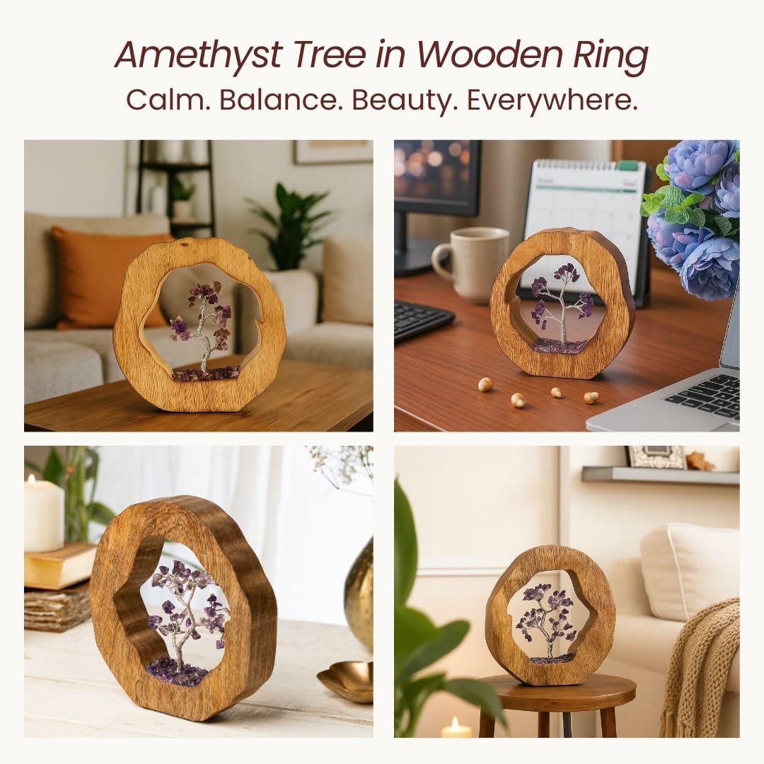 Spiritual Amethyst Crystal Tree in Wooden Ring for Chakra Healing & Feng Shui | Gemstone Bonsai Showpiece 17cm