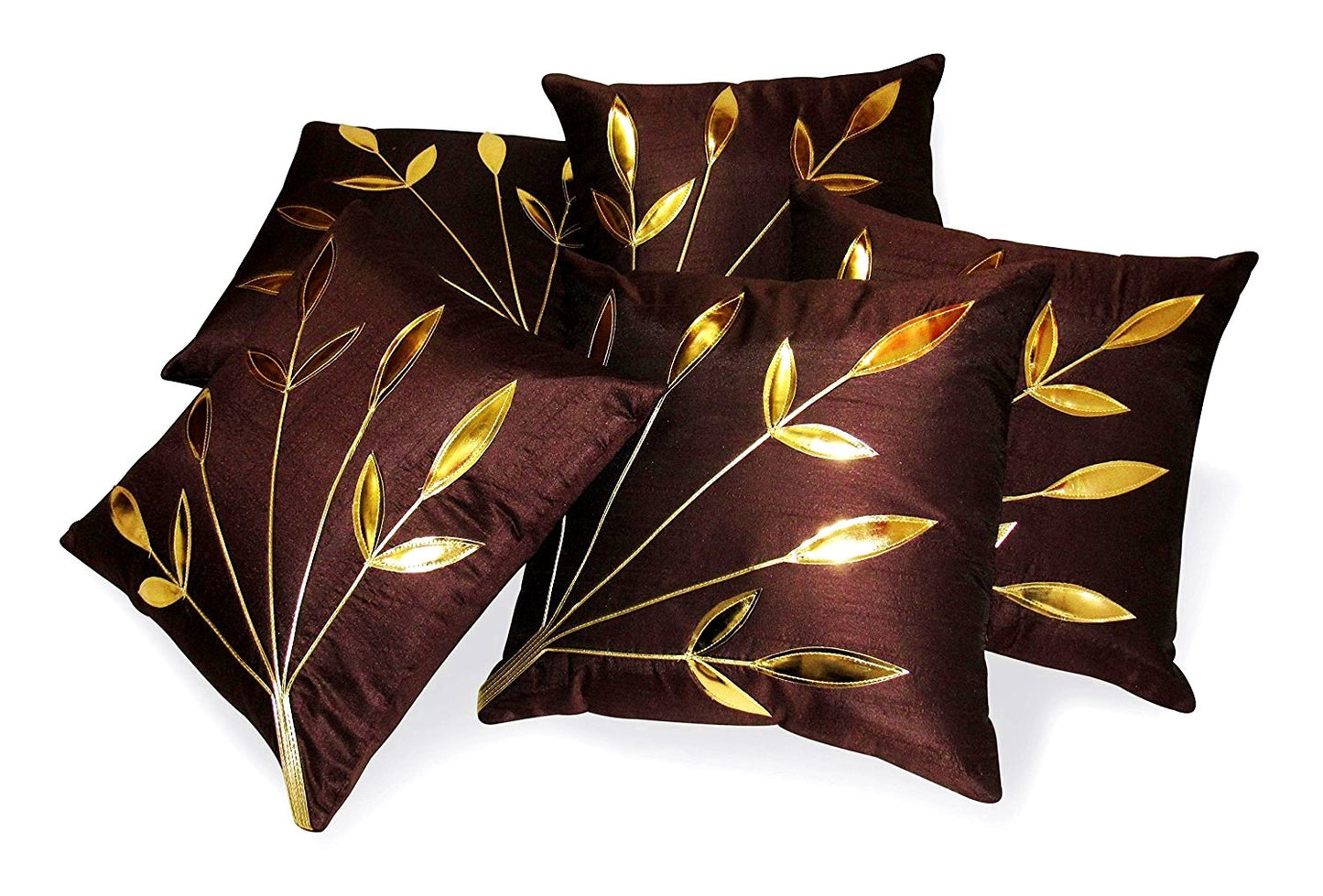 Silk Golden Floral Ethnic Cushion Covers 16x16 Inch Set of 5 | Decorative Sofa Pillow Covers Home Decor