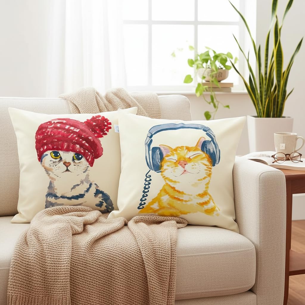 Decorative Jute Cushion Covers – Cat Print Pillow Cases – Indoor and Outdoor Decor – 16x16 Inch Set of 2