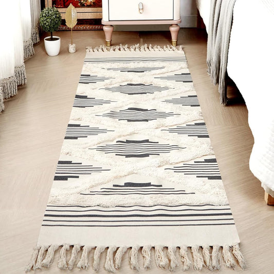 Modern Hand Woven 100% Cotton Zigzag Rug Runner 2x5 ft | Designer Carpet for Bedroom Living Room Floor Decor