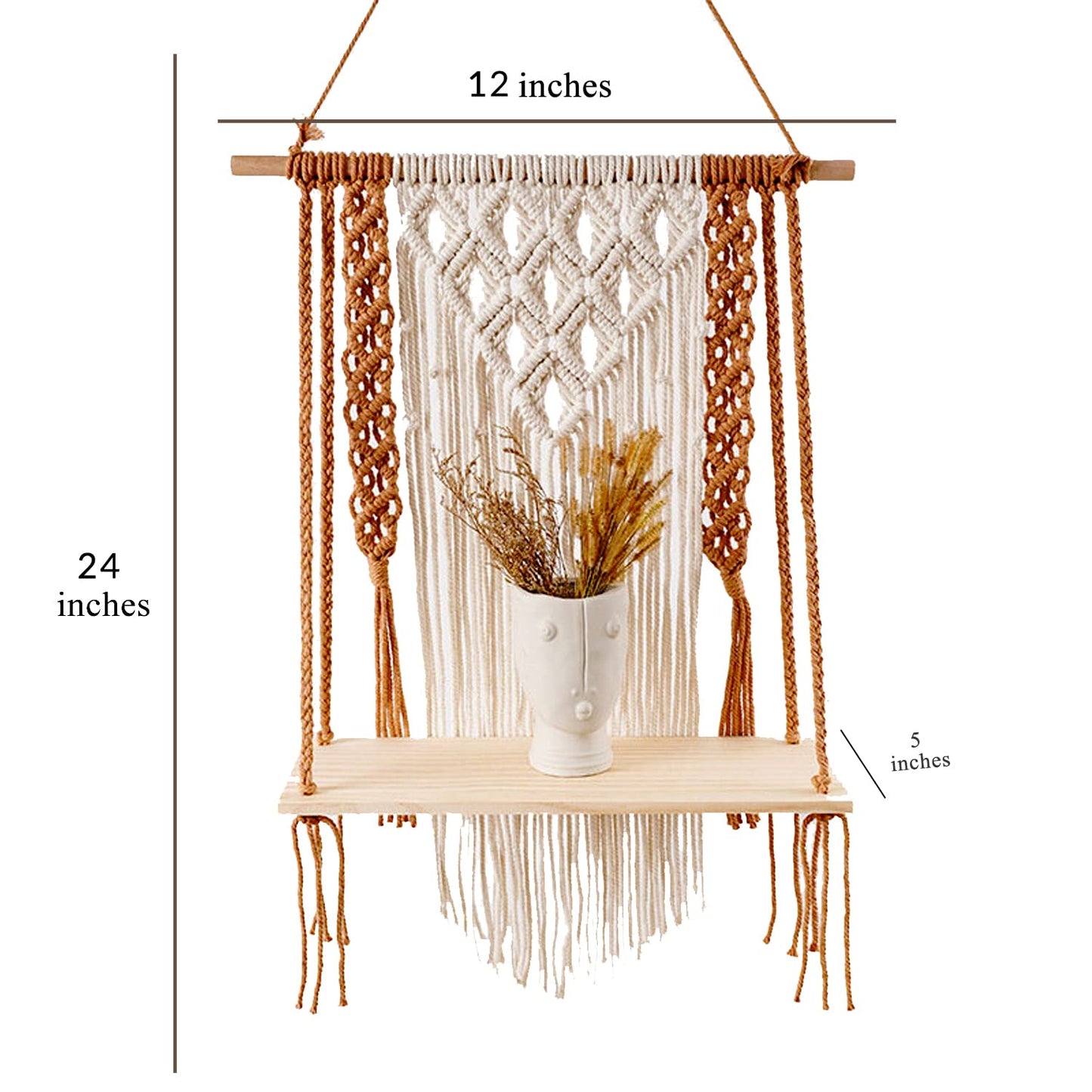 Macrame Wall Display Shelf – Cotton Rope & Wood – 12x5x24CM