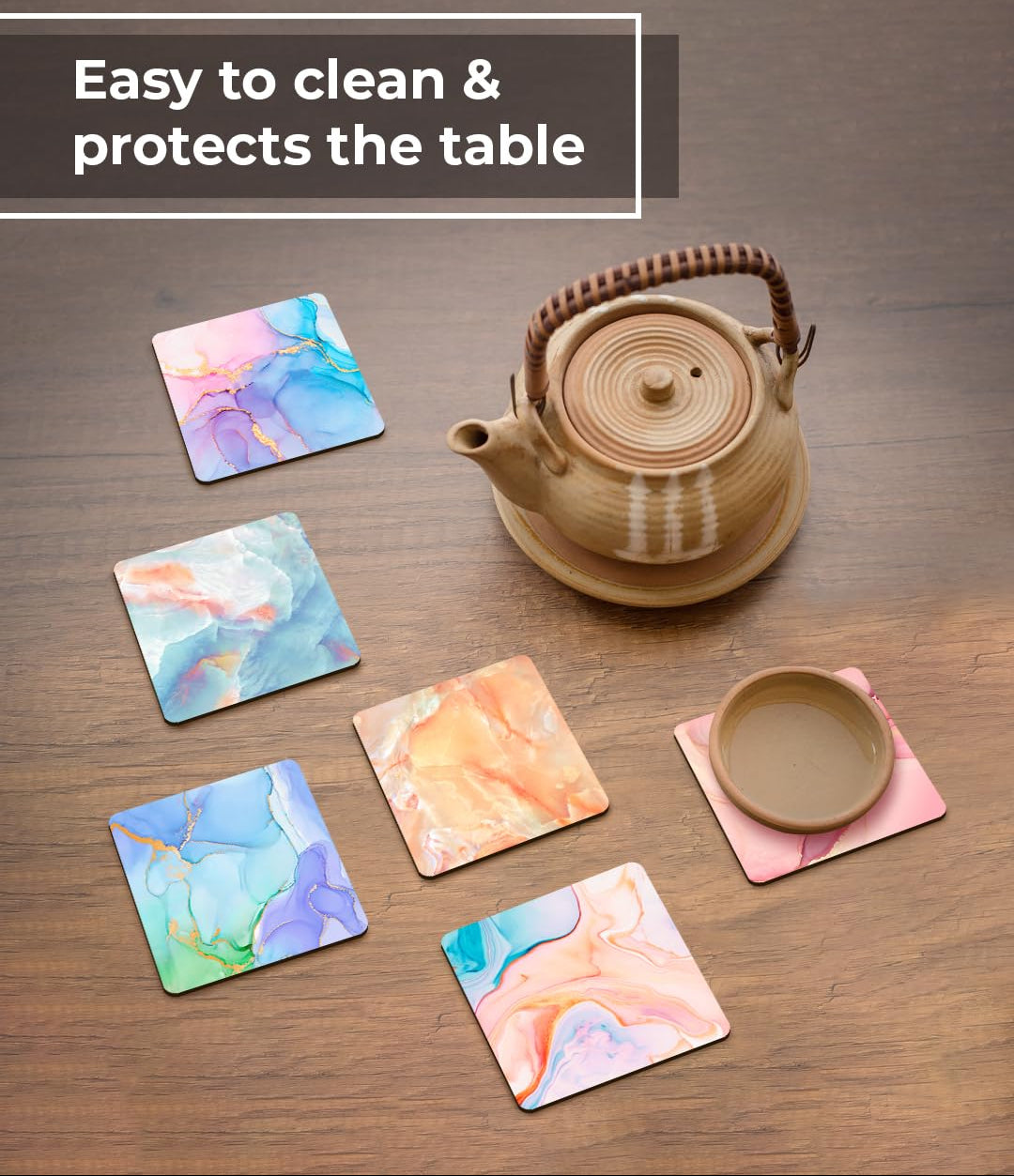 Premium Designer Printed Marble Wooden Coasters Set of 6 (3.5") | Tea Cups, Coffee Mugs, Glasses, Home Decor, Table Protection