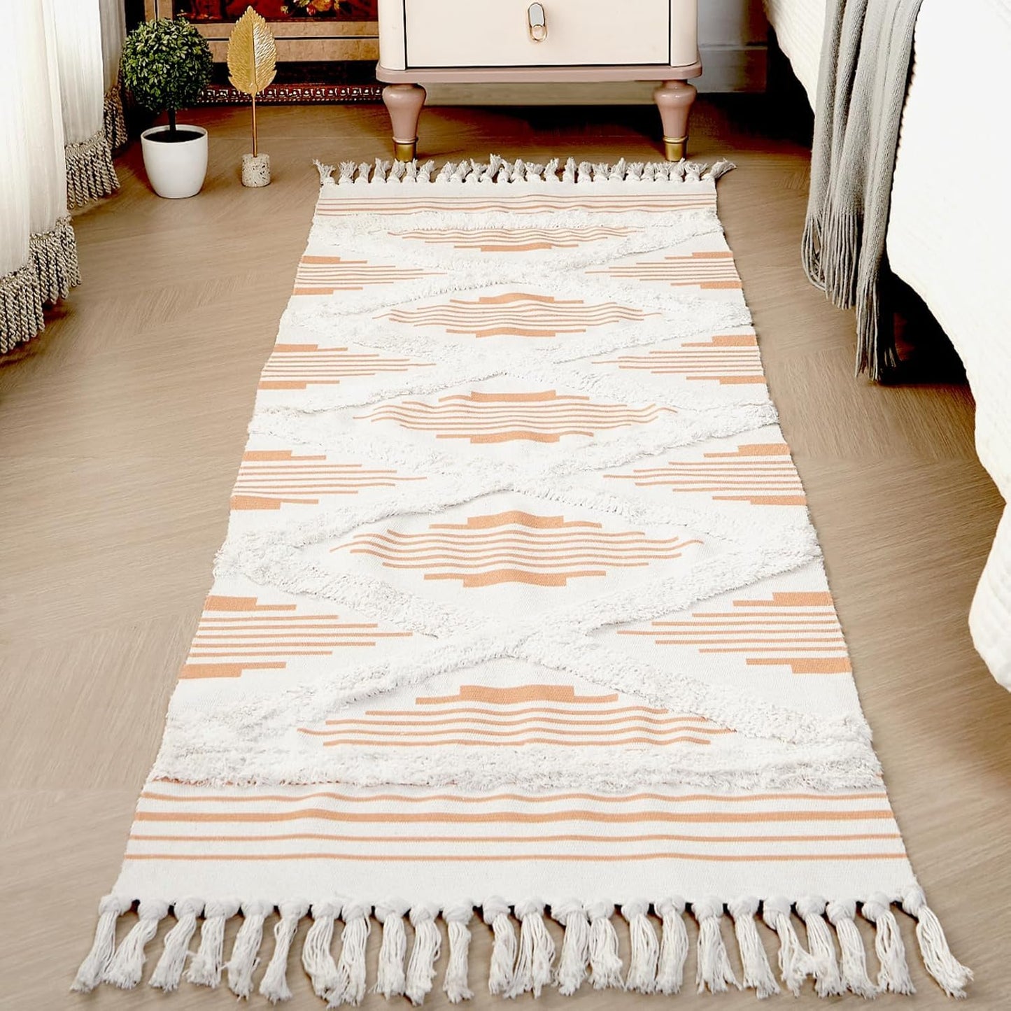 Hand Woven Rust Zigzag 100% Natural Cotton Rug Runner 2x5 ft (60x152 cm) | Washable Bedroom Living Room Floor Decor