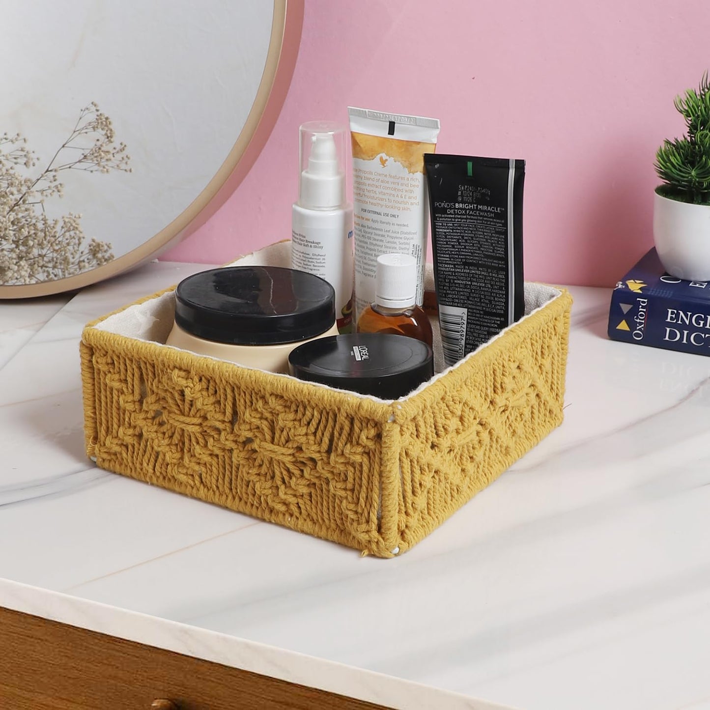 Mustard Woven Cotton Basket – Sustainable Handcrafted – 8x8x3 Inch