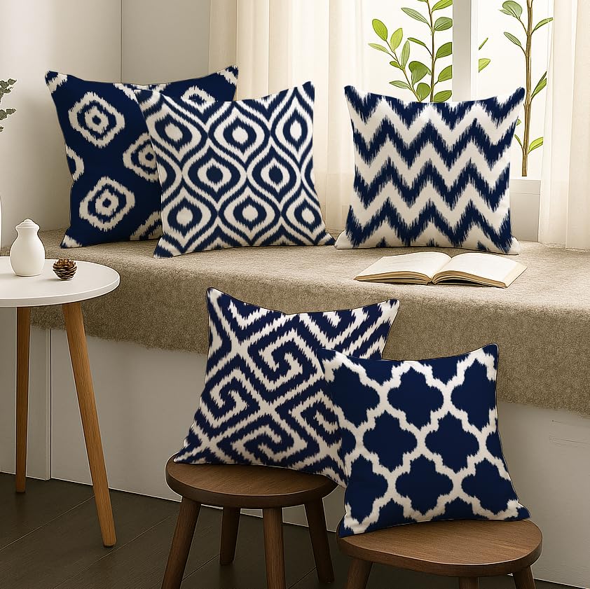 Elegant Blue & White Ikat Geometric Polycotton Cushion Covers Set of 5 (16x16) | Sofa & Living Room Decor Throw Pillow Covers