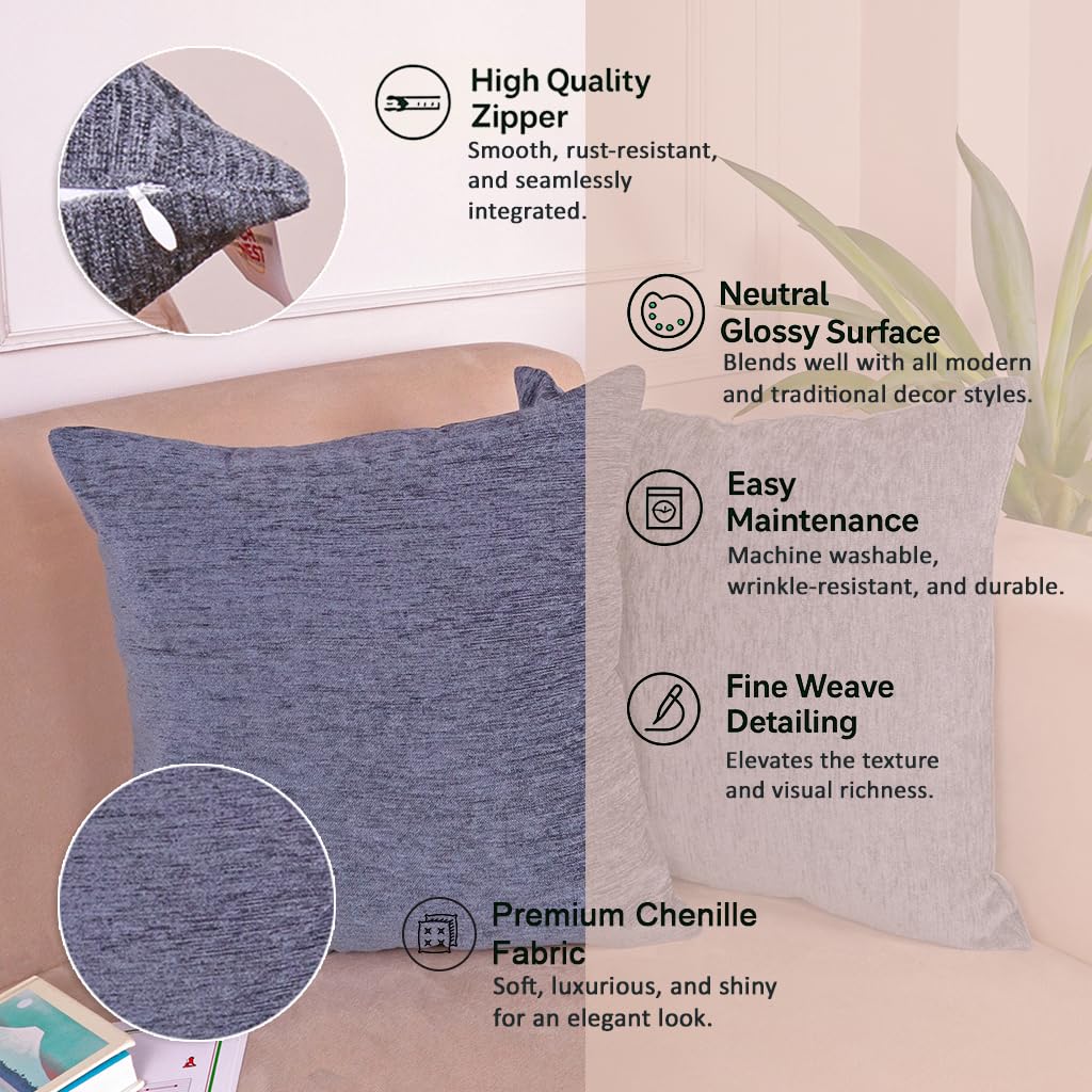 Soft Velvet Dark Grey Chenille Cushion Covers 16x16 Set of 2 | Durable Machine Washable Sofa Couch Bed Living Room Decor