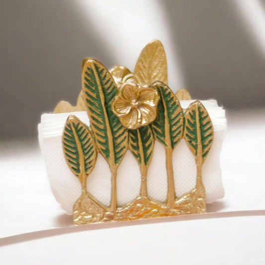 Metal Napkin Holder – Tabletop Tissue Dispenser – Gold Aluminium, Green Leaf Design