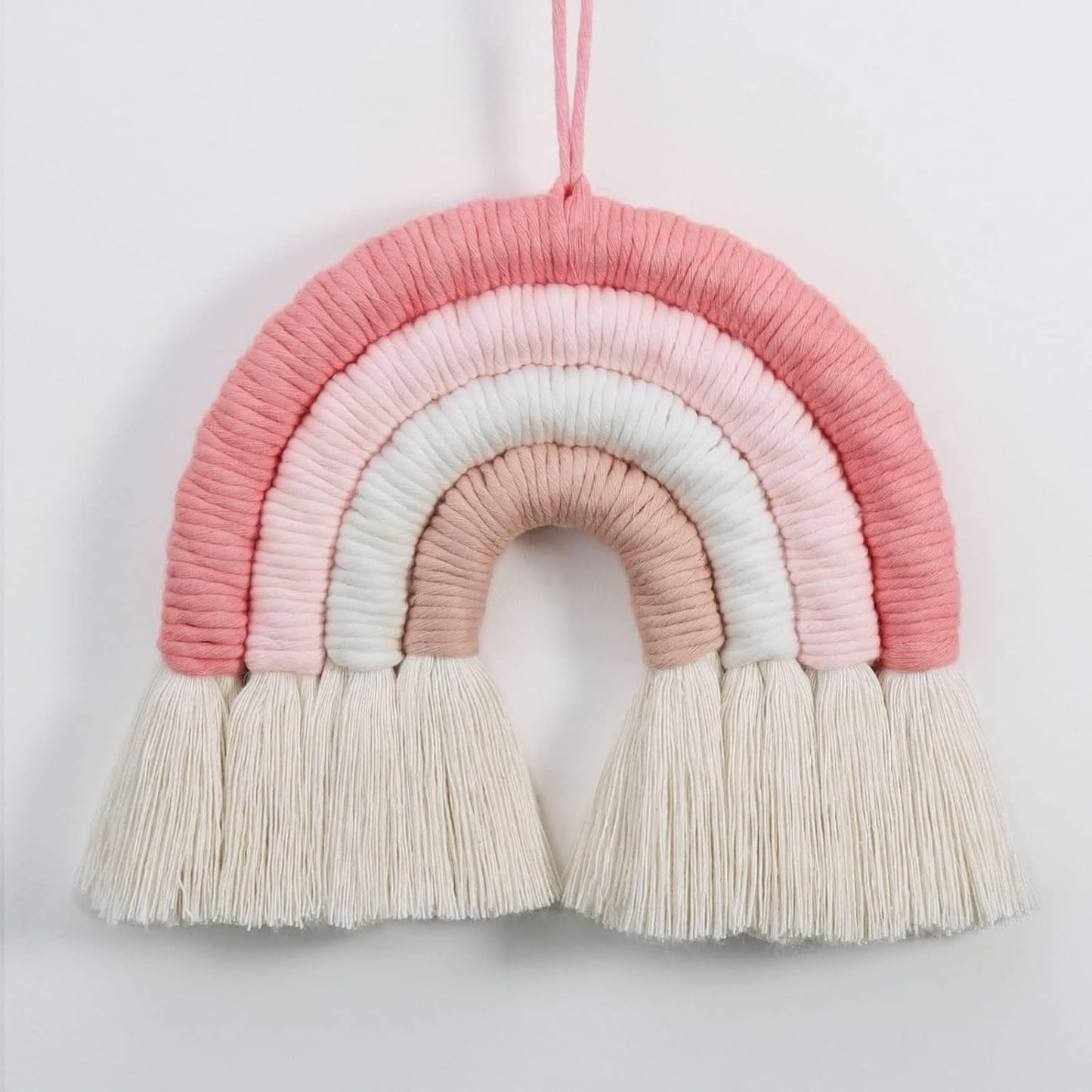 Pink Woven Rainbow Wall Hanging – Handcrafted Textile Art – 8x8 Inch
