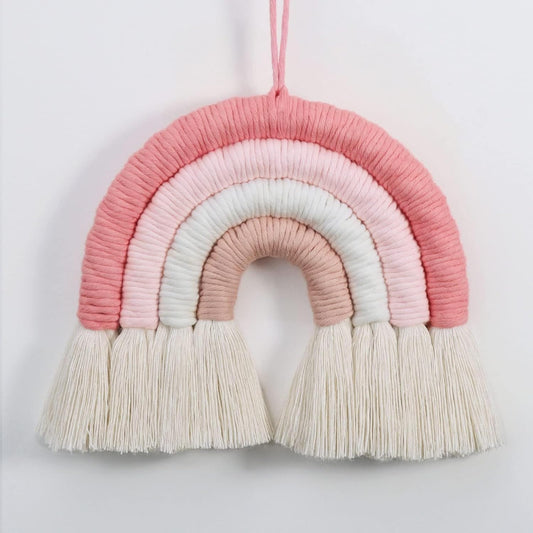 Pink Woven Rainbow Wall Hanging – Handcrafted Textile Art – 8x8 Inch