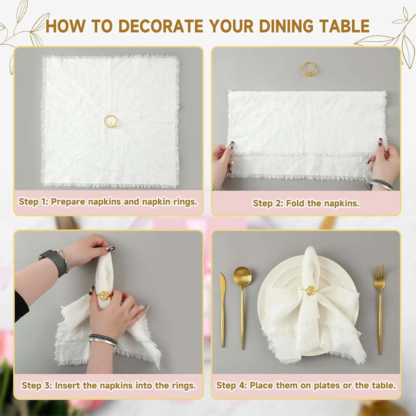 Ronds de serviette motif feuille d'or – Accessoires de table haut de gamme – Construction en métal durable – Lot de 4