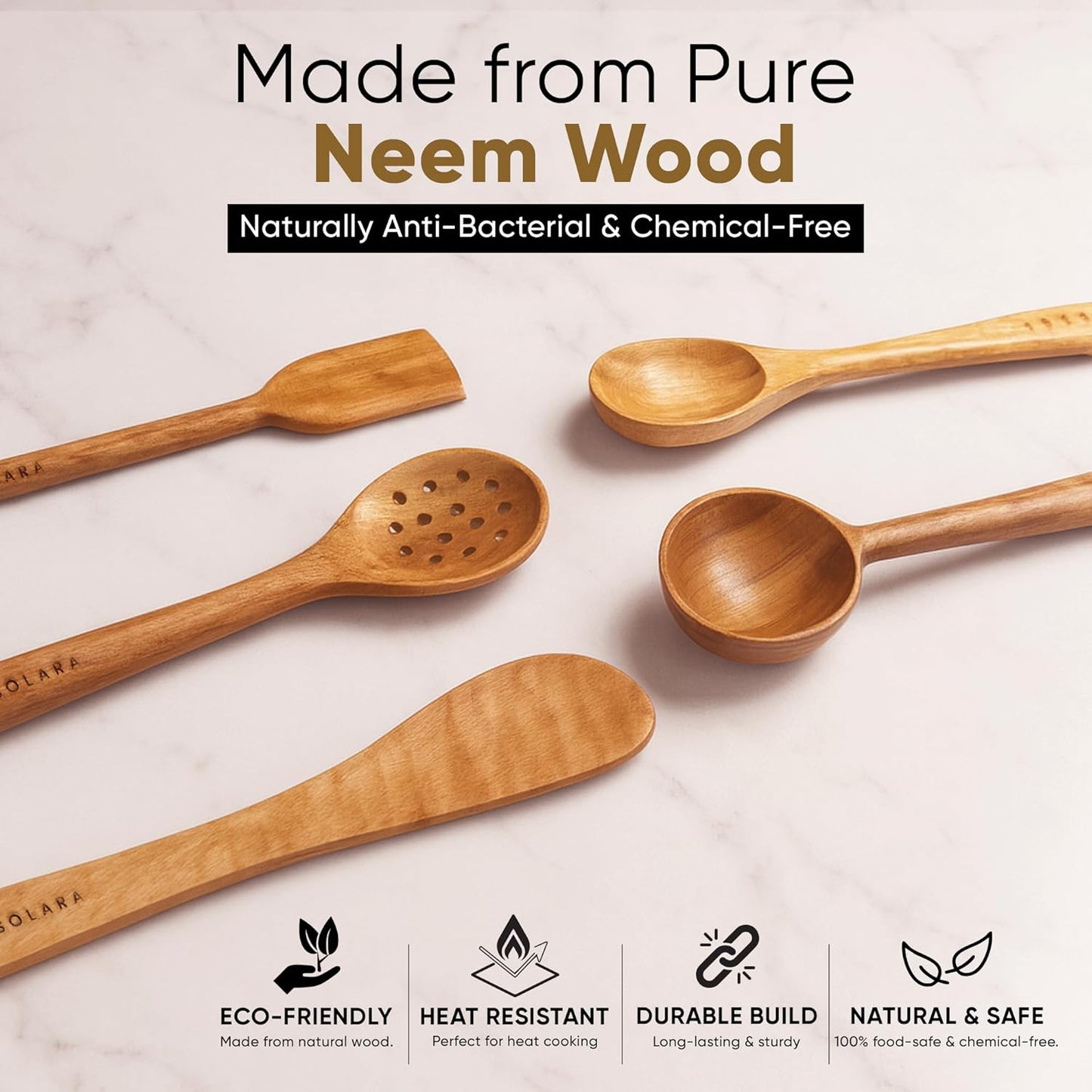 Neem Wood Spatula Set – Kitchen Utensils – Non-Stick Cookware Safe – 5-Piece