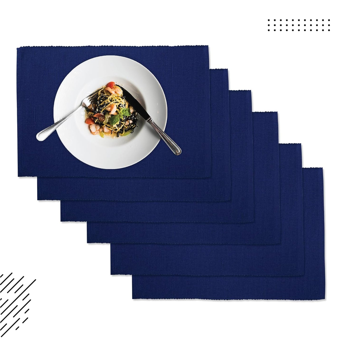 Solid Blue Ribbed Cotton Dining Table Mats Set of 6 (48x32 cm) | Heat-Resistant, Washable Placemats, Kitchen Decor