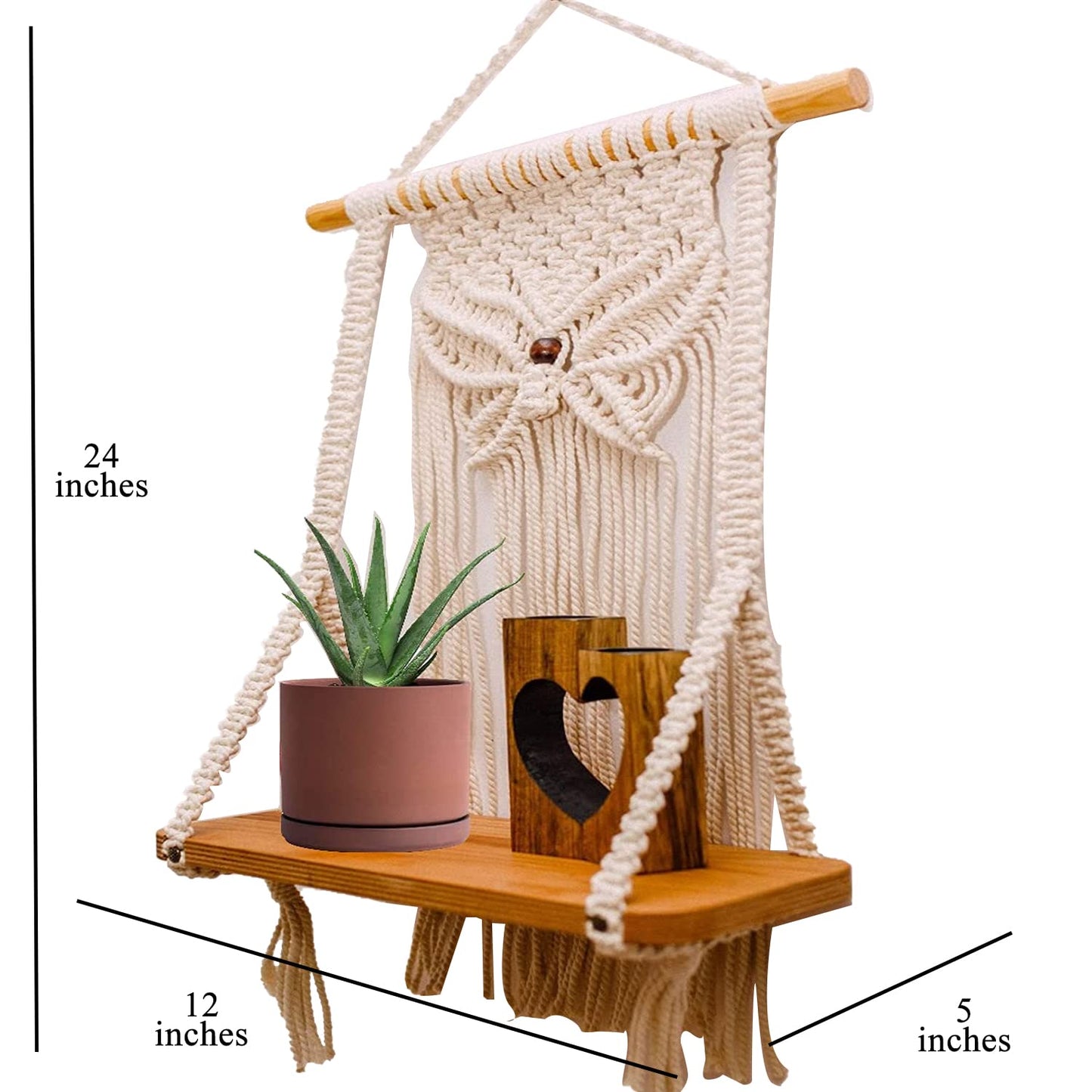 Handcrafted Macrame Accent Wall Shelf – Cotton Rope & Wood – 12x5x32CM