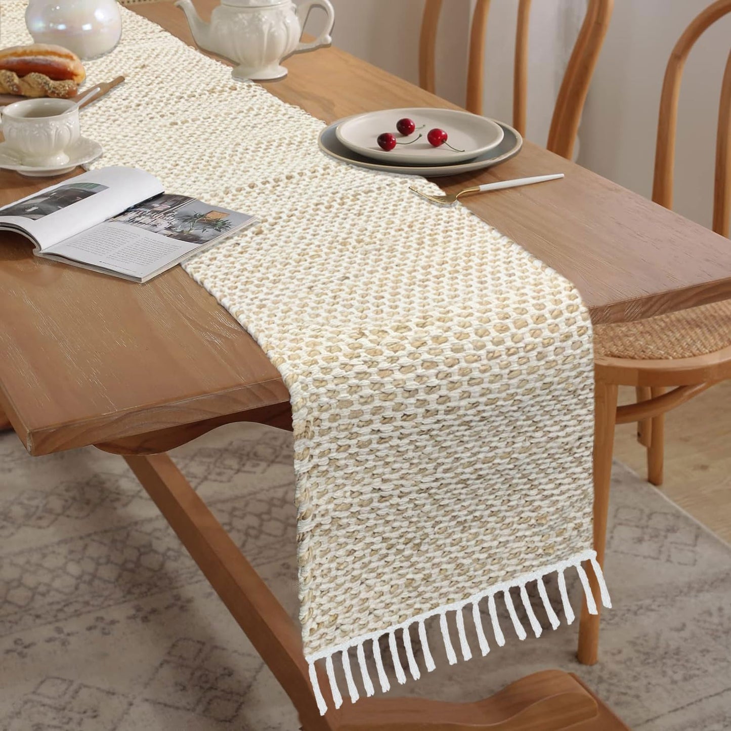 Elegant Beige White Woven Table Runner with Tassels, Cotton Jute 13x74 Inch | Dining Table Decor, Home Kitchen