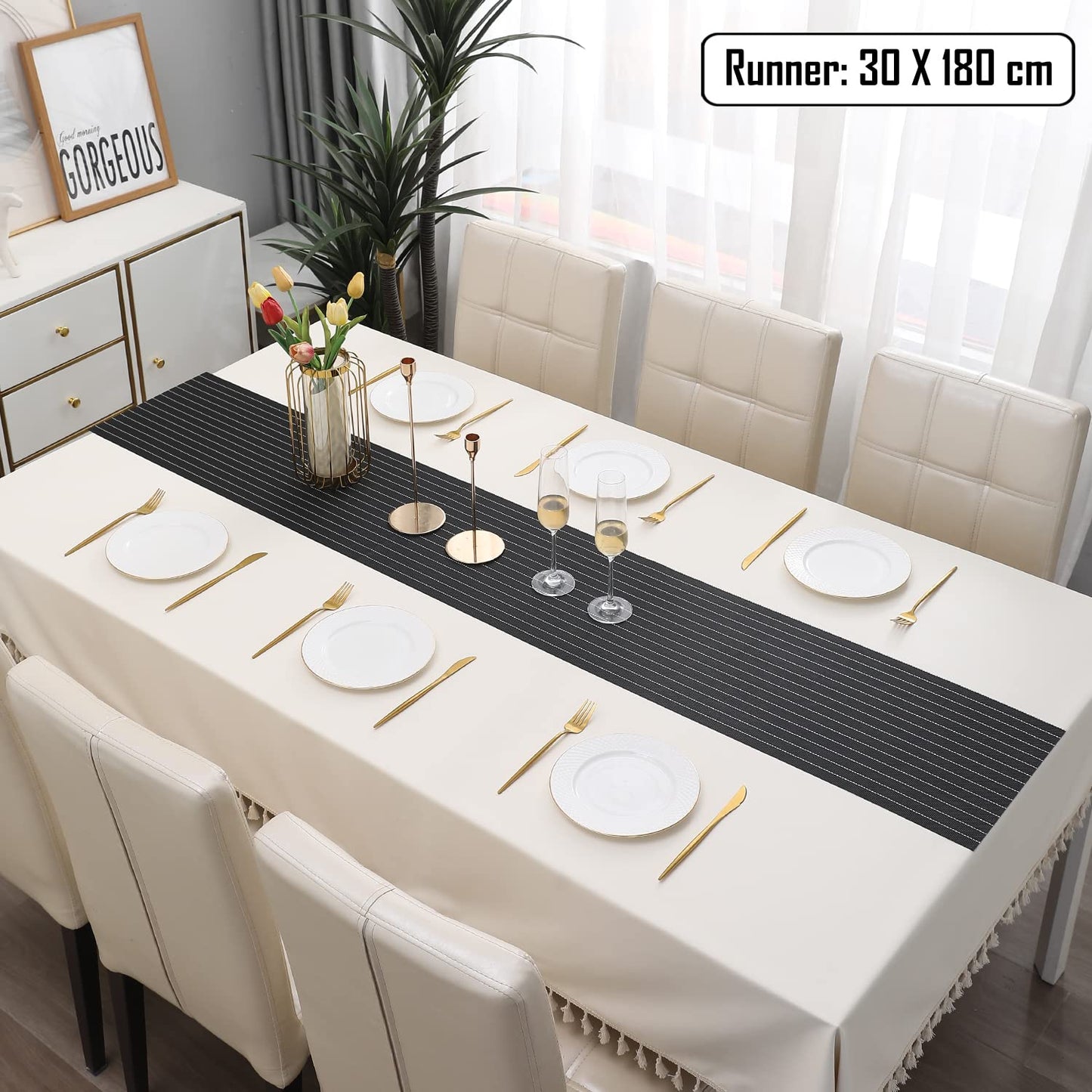 Grey Striped Easy Clean Table Runner 30x180 cm | Dining Kitchen Home Decor