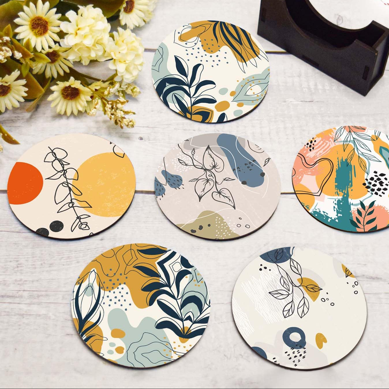 Flora Design Tea Coasters Set of 6 with Stand | Beautiful Home Decor, Gifting, Coffee Mugs & Glasses