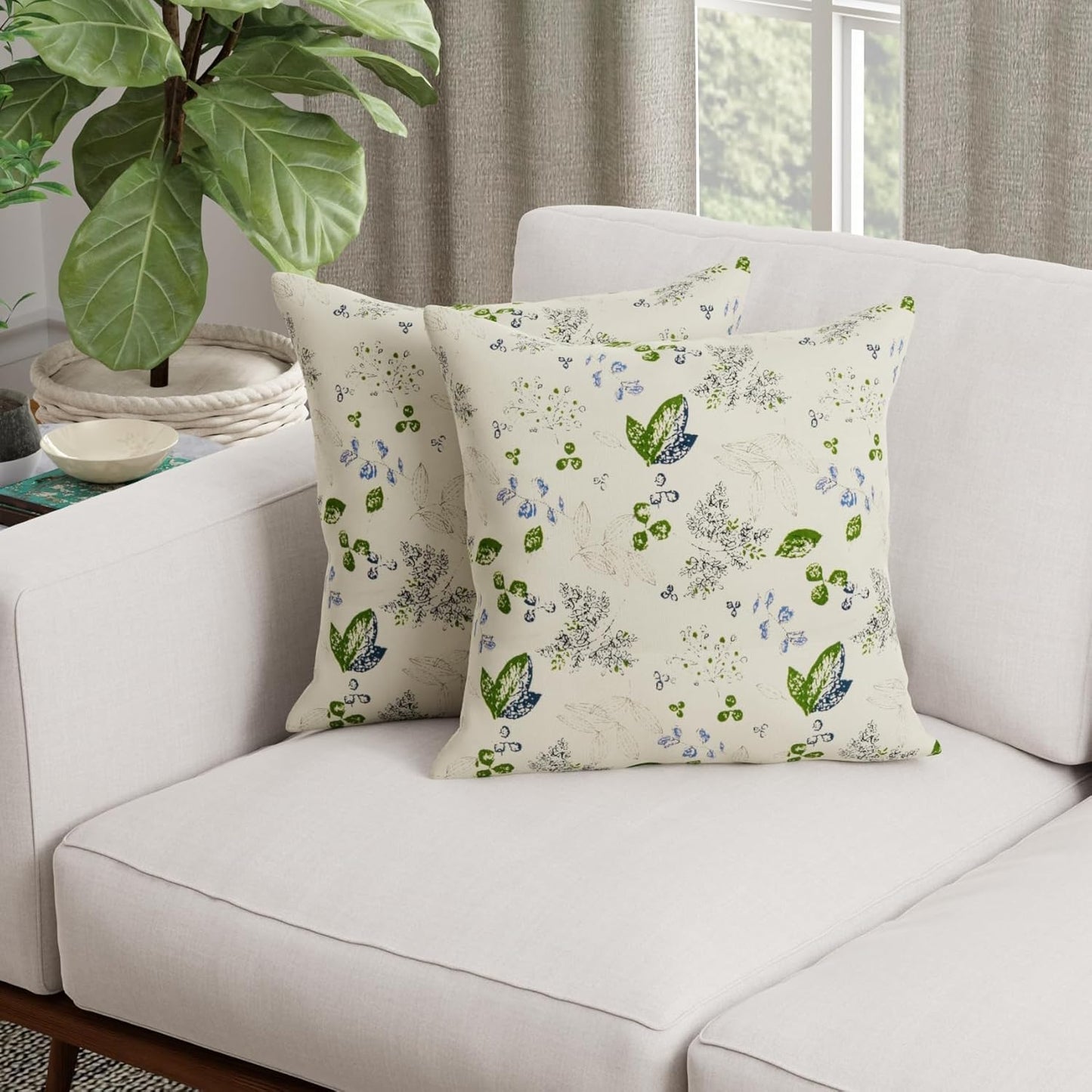 Cushion Cover – Decorative Pillow Set – Durable Heavy Cotton Green Leaf Floral – 16x16 inch, Set of 2