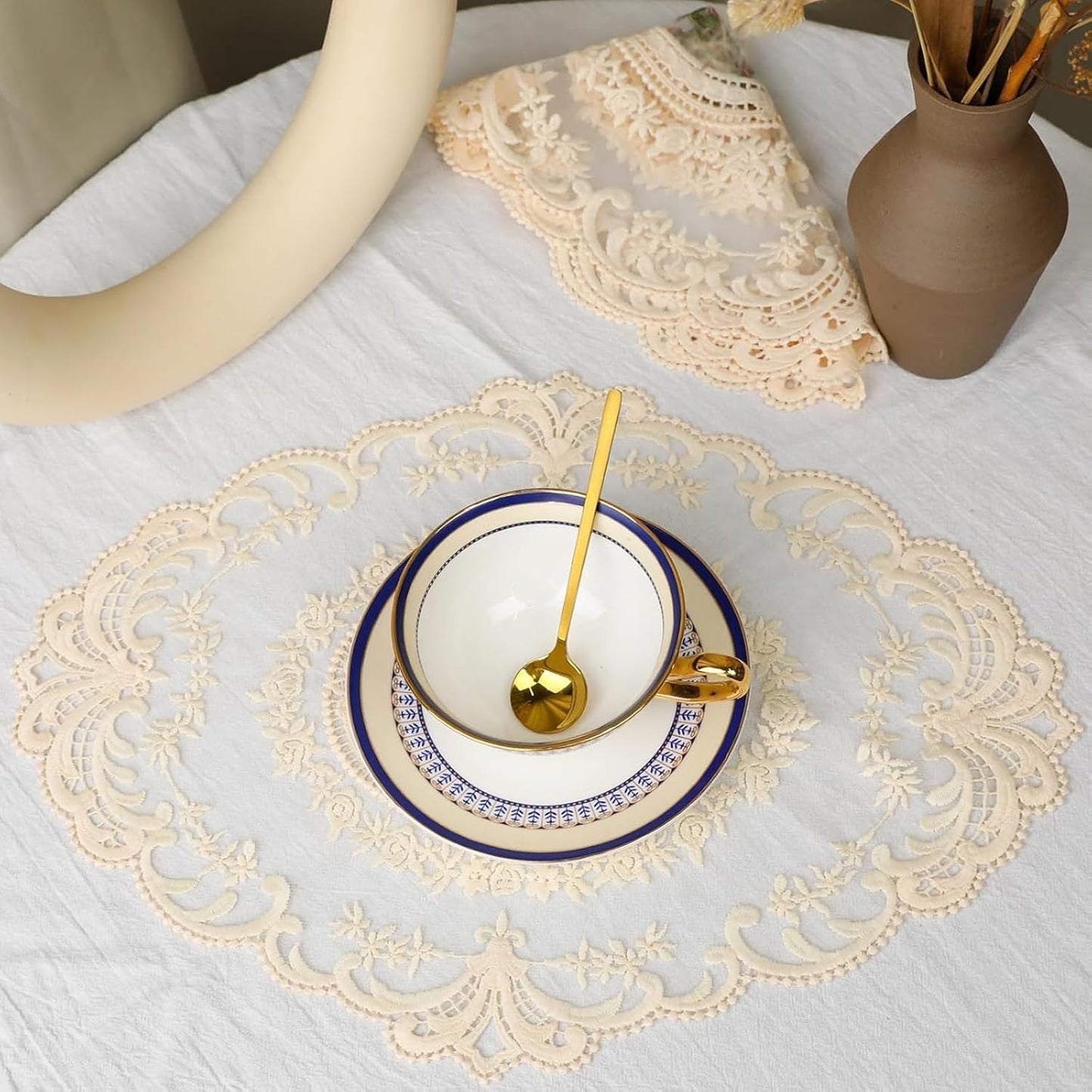 Vintage Lace Handmade Embroidered Round Table Mats (2 Pcs) - Elegant Cotton Dining & Study Table Cloth (Beige)