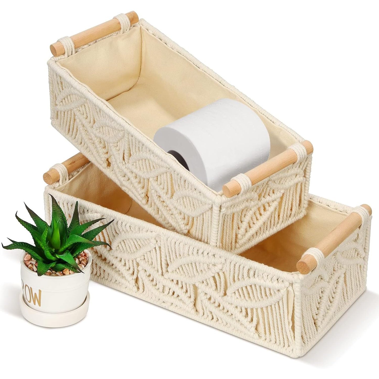 Cotton Macrame Storage Basket with Wooden Handles - 2pc Set