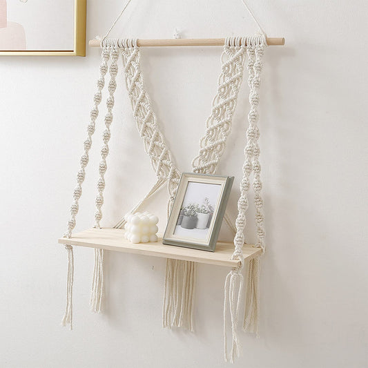 Artisan Macrame Shelf – Wall-Mounted – Eco-Friendly Cotton & Wood – 12x5 Inch Plank
