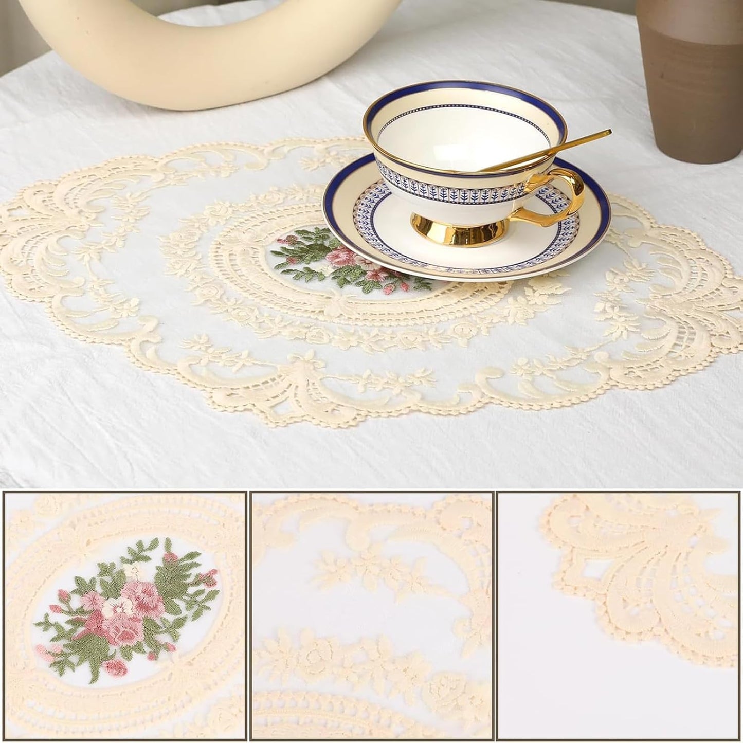 Vintage Lace Handmade Embroidered Round Table Mats (2 Pcs) - Elegant Cotton Dining & Study Table Cloth (Beige)