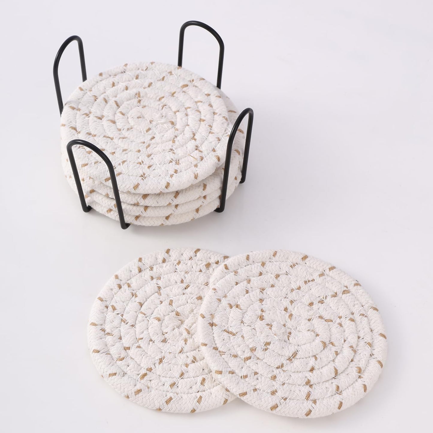 Minimalist Woven Cotton Absorbent Coasters with Holder, Set of 6 (4inch) | Tabletop Drink Coasters, Housewarming Gift