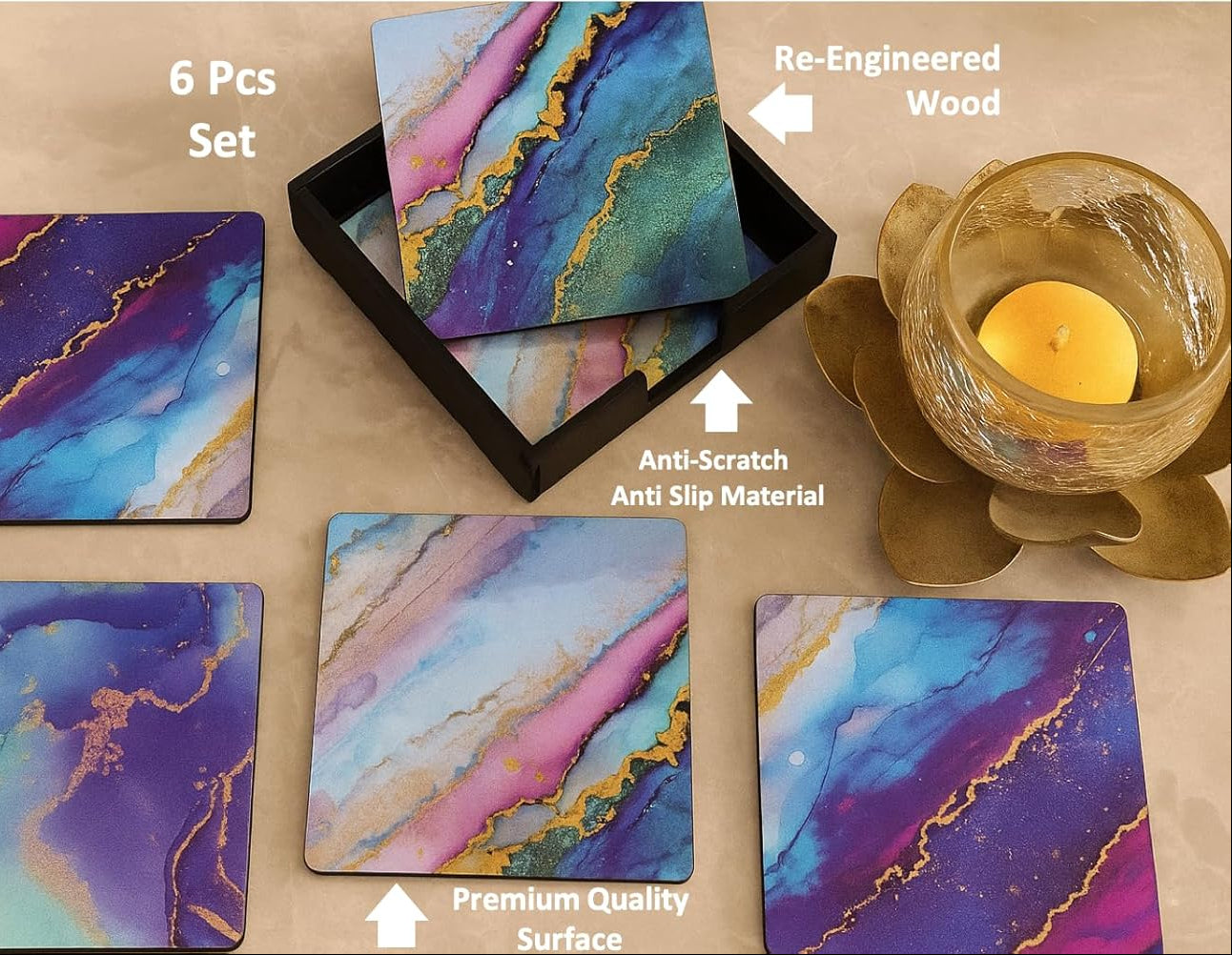 Elegant Ice Stone Tea Coasters Set of 6 with Stand | Beautiful Design for Cups, Mugs & Glasses, Home Decor & Gifting