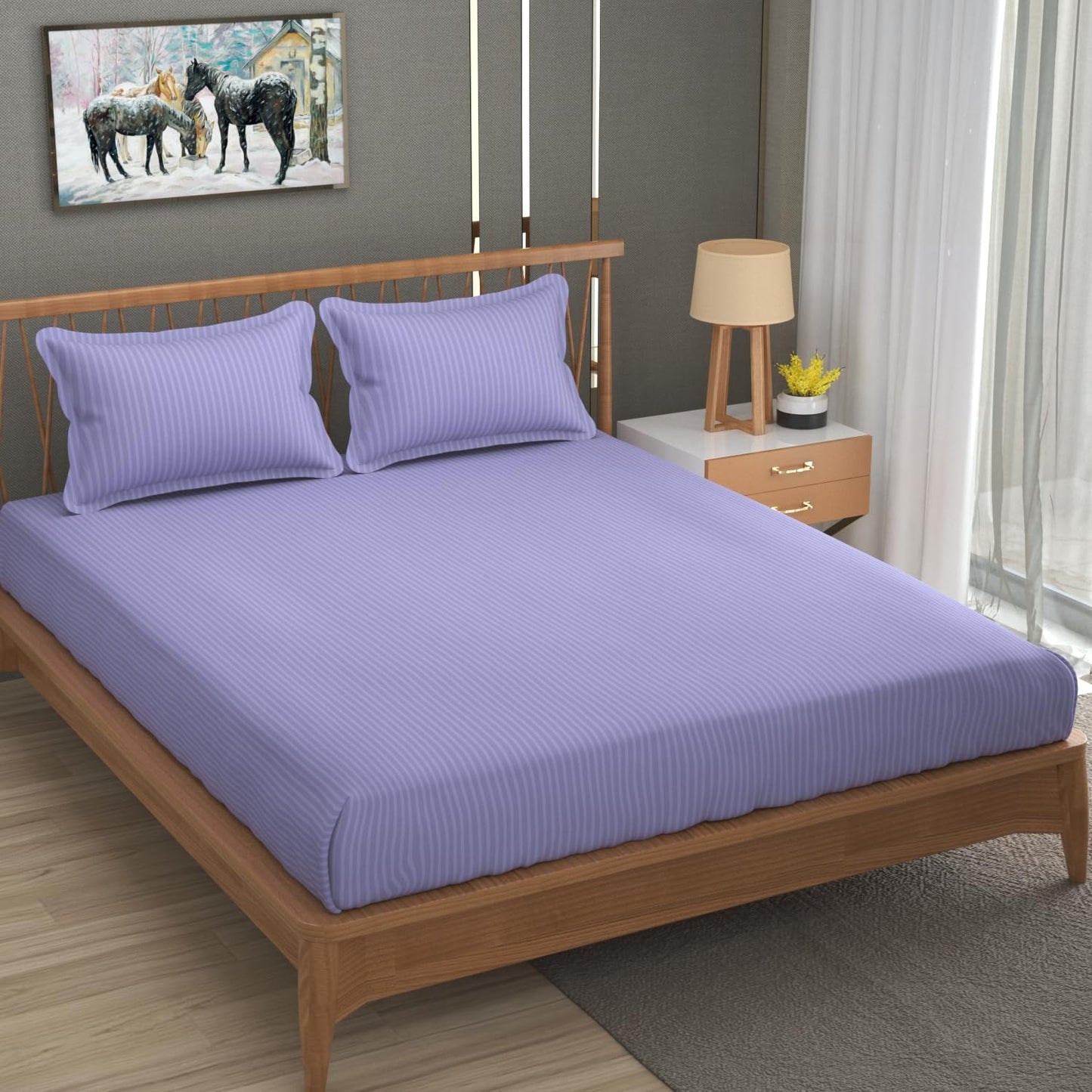 King Size Bedsheet Set - Glace Cotton Satin Stripe 220 TC - 3-Piece