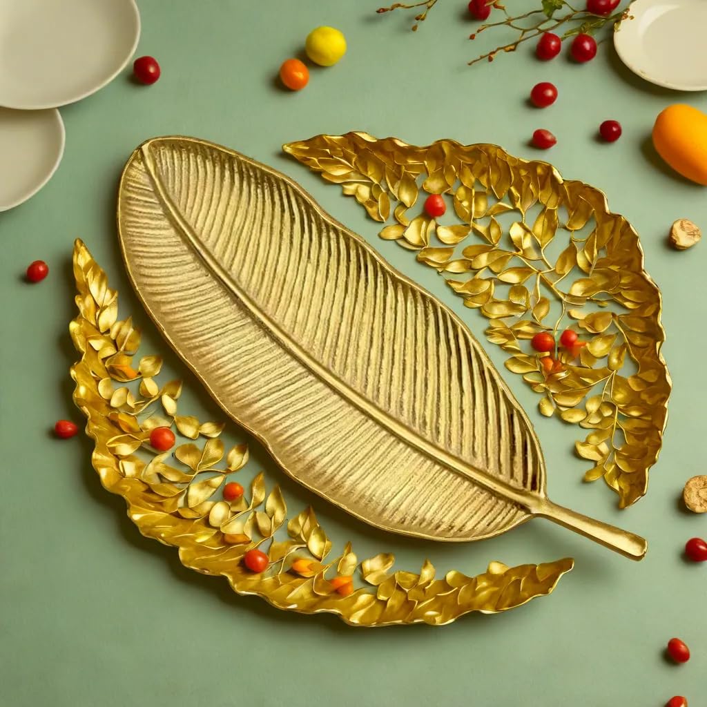 Plateau à motif feuille de bananier – Plat de service décoratif – Métal finition dorée – Design en forme de feuille