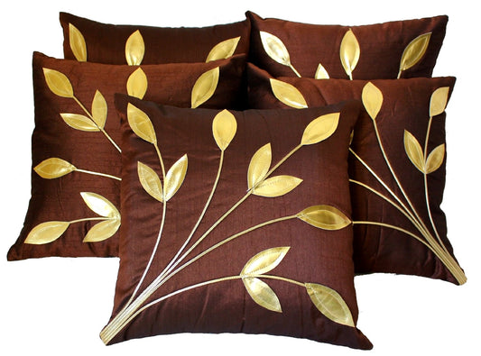 Silk Golden Floral Ethnic Cushion Covers 16x16 Inch Set of 5 | Decorative Sofa Pillow Covers Home Decor