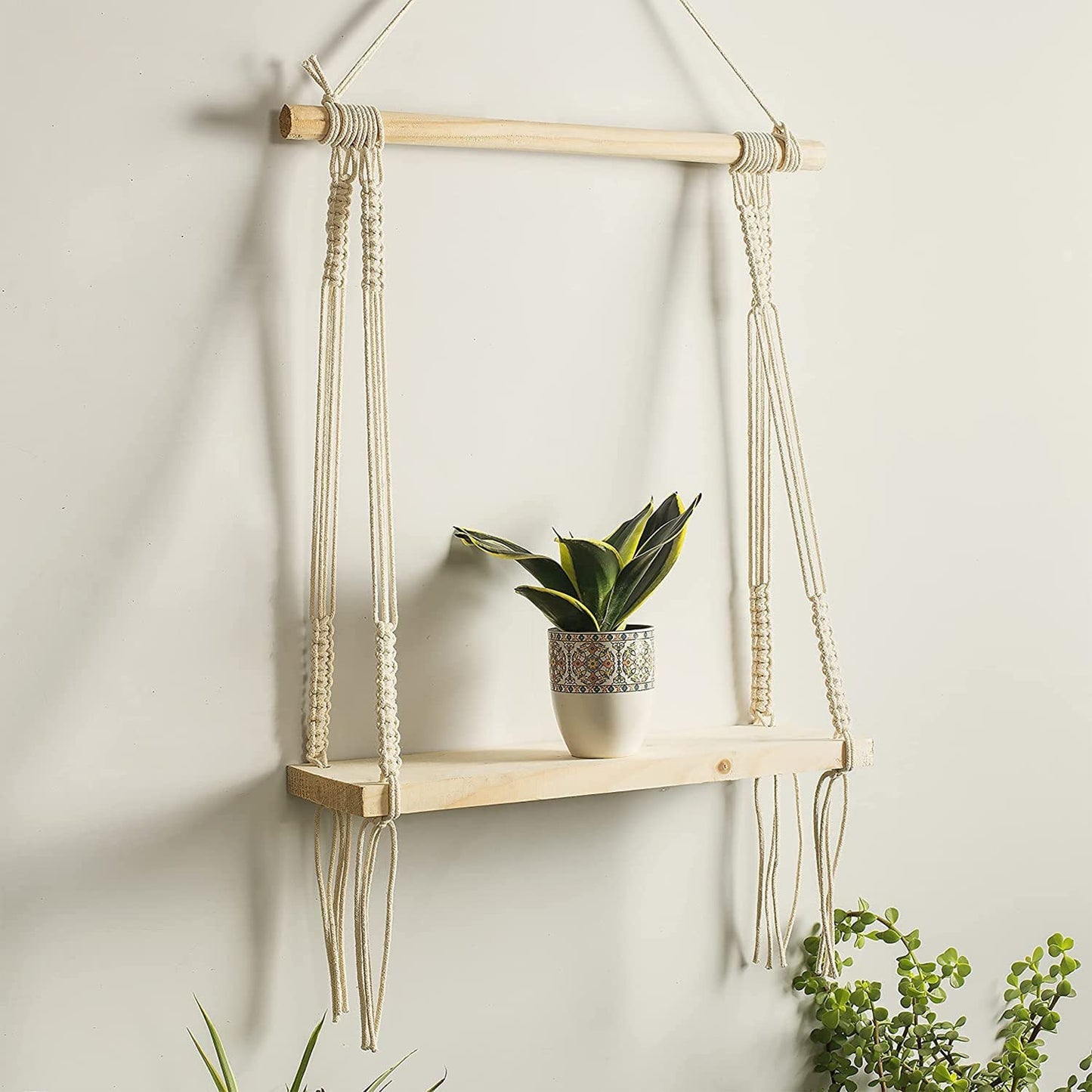 Macrame Wall Shelf – Decorative Cotton Rope & Wood – 12x5x24CM