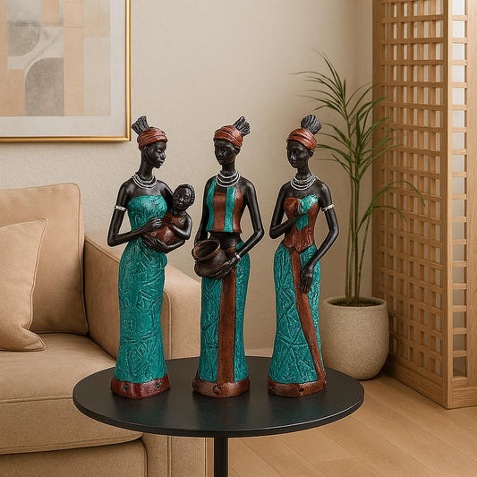 Uniquely Hand Crafted African Tribal Resin Lady Figures Home Decor (Set of 3) | Green & Black Art Statues Shelf Decor Gift