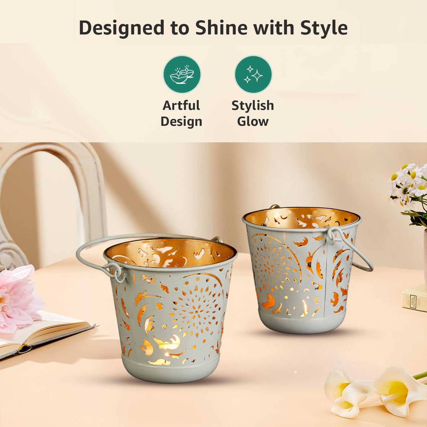 Elegant White Iron Gold Interior Round Handle Tea Light Votive, Set of 2 | Home Decor Candle Holders