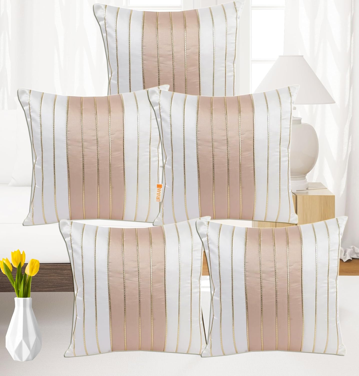 Traditional Golden Striped Silk Cushion Cover Set of 5, 16x16 Inch | Decorative Sofa Pillow Covers Home Decor