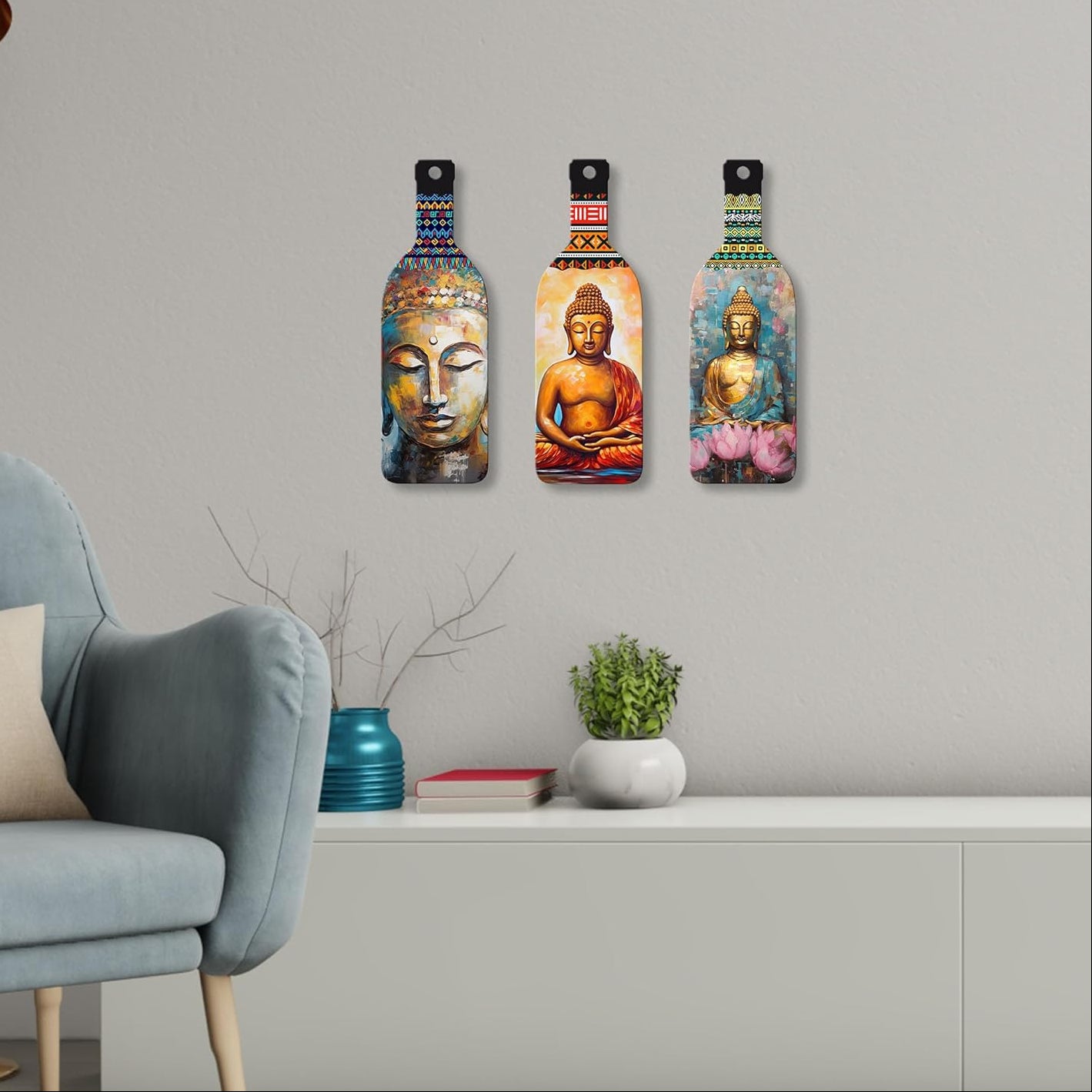 Meditating Gautam Buddha Wooden MDF Wall Hanging Decor (Set of 3) | Living Room Office Art, Spiritual Wall Art