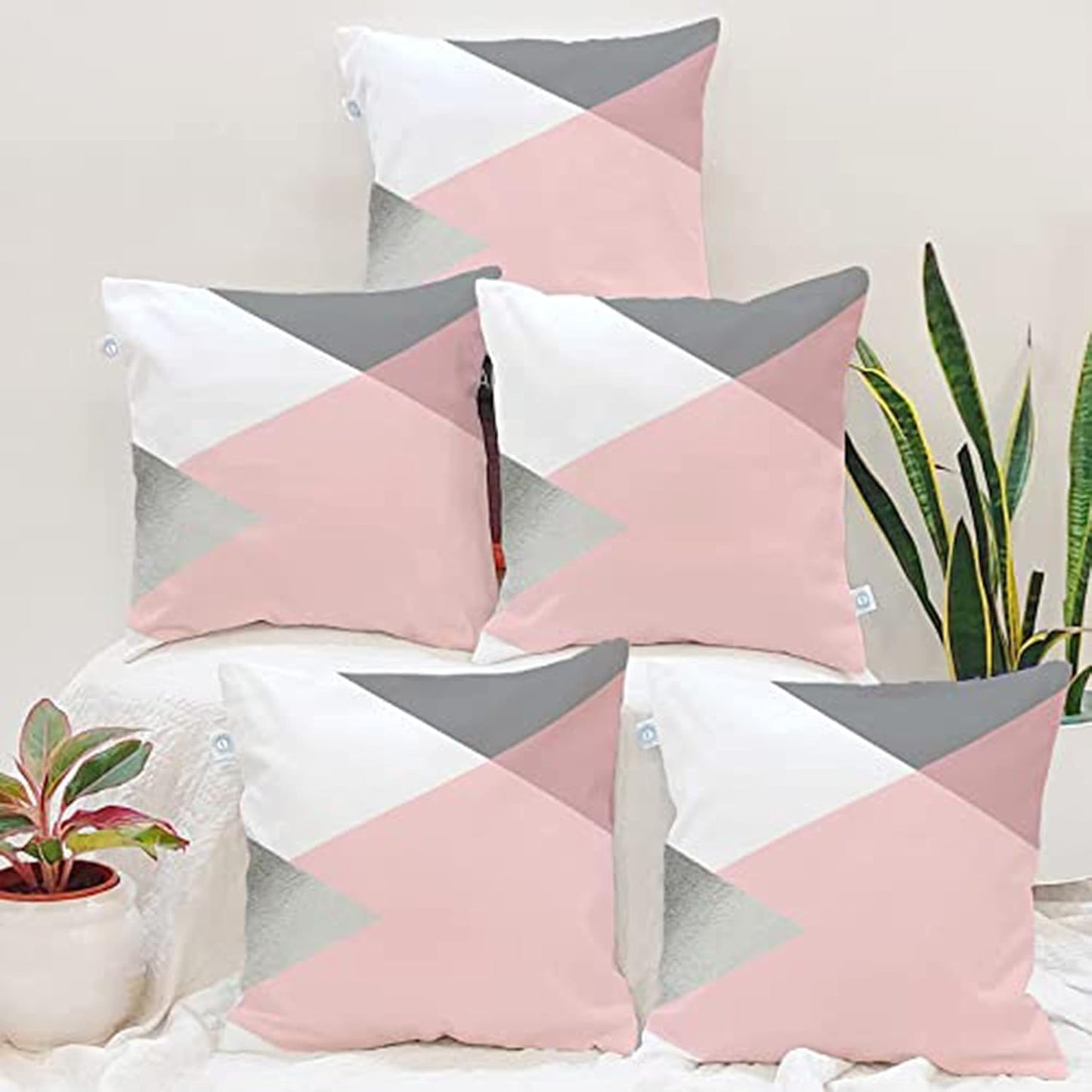 Modern Geometric Polycotton Cushion Covers Set of 5, 18x18 Inches | Pink Grey White Sofa Pillow Covers Living Room Decor