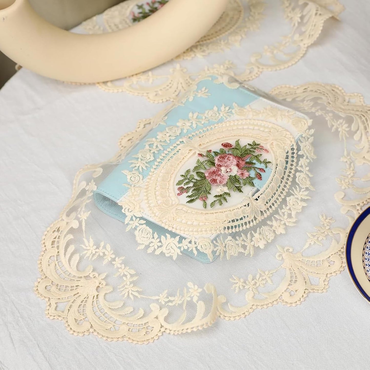 Vintage Lace Handmade Embroidered Round Table Mats (2 Pcs) - Elegant Cotton Dining & Study Table Cloth (Beige)