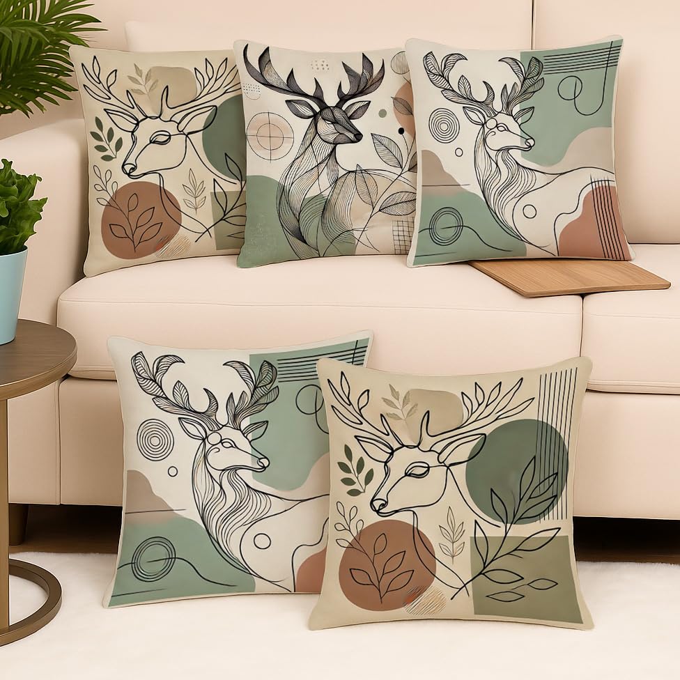 Modern Abstract Deer Polycotton Cushion Covers Set of 5, 16x16 Inches | Earthy Tones Sofa Home Decor Pillow